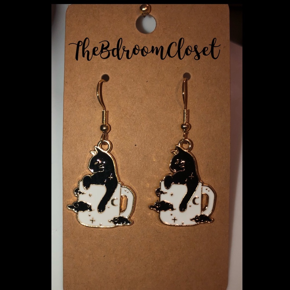 NEW! Lunar Moon Black Cat in a Coffee Cup Halloween Witchy Earrings